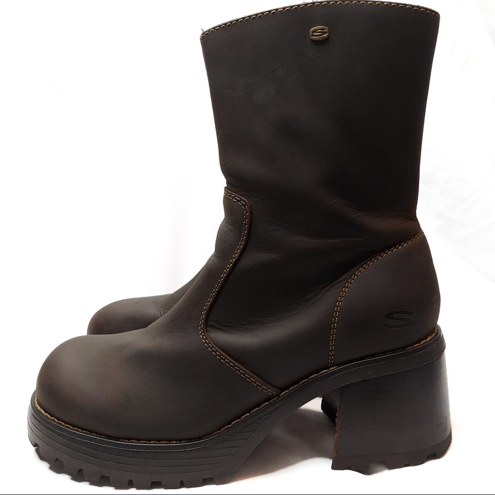 Y2k Leather Platform Boots Sketchers Size 8.5 Vintage Dark Brown Plateau Chunky